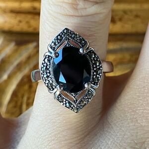 Natural Black Spinel Marcasite Sterling Silver Ring Size 6